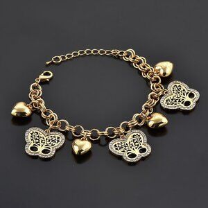 Gold-Plated Butterfly & Heart Charm Bracelet with Crystal Accents